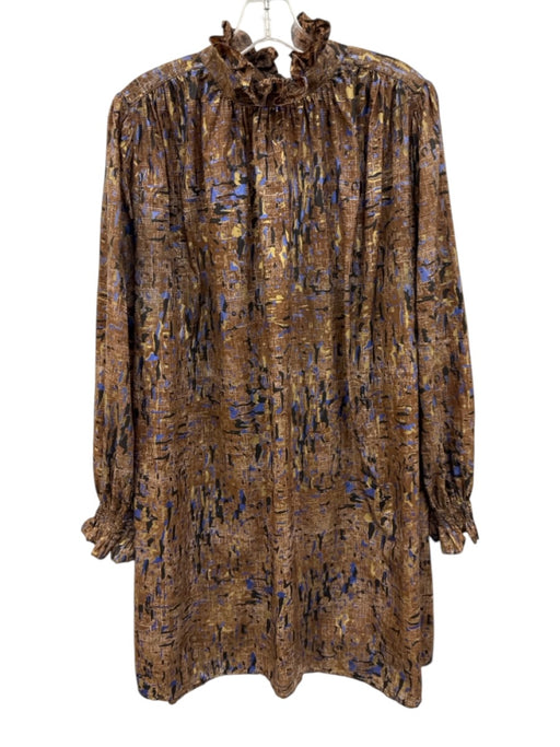 Hunter Bell Size Medium Brown, Blue, Gold Polyamide Long Sleeve Ruffle Dress Brown, Blue, Gold / Medium