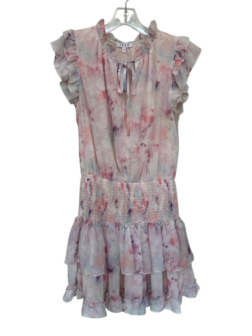 TCEC Size M Pink & White Polyester Paint Splatter Flutter Cap Sleeve Dress Pink & White / M