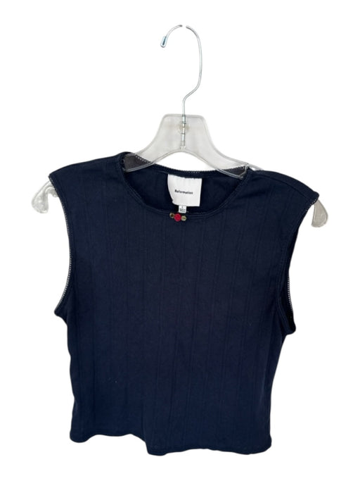 Reformation Size L Navy Blue Cotton Knit Rose Applique Lace Trim Tank Top Navy Blue / L