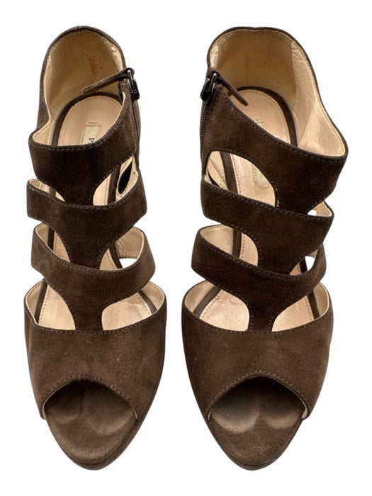 Prada Shoe Size 38.5 Dark Brown Leather Suede Peep Toe Caged Zip Platform Pumps Dark Brown / 38.5