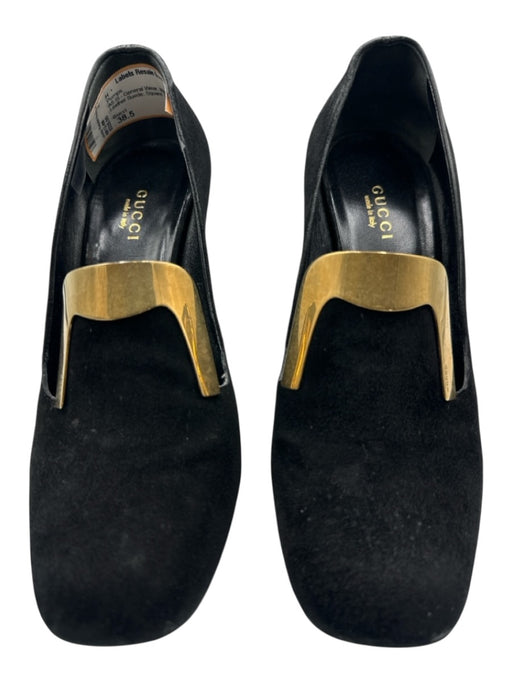 Gucci Shoe Size 38.5 Black & Gold Leather Suede Square Toe Logo Loafer Pumps Black & Gold / 38.5