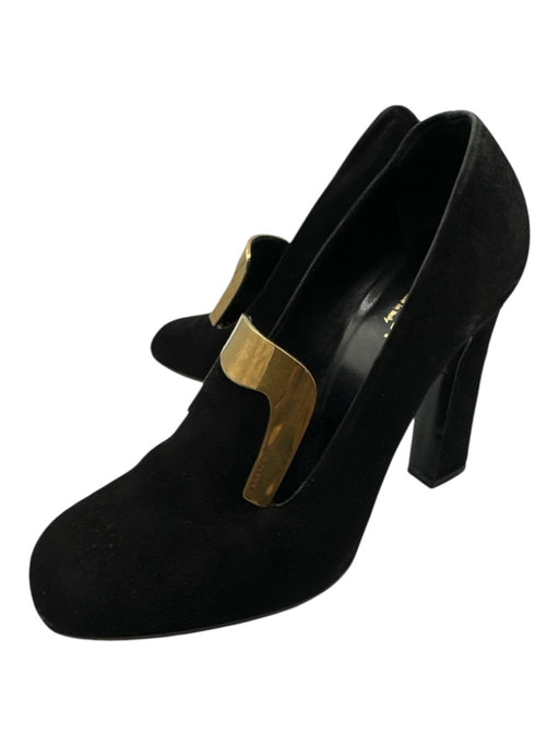 Gucci Shoe Size 38.5 Black & Gold Leather Suede Square Toe Logo Loafer Pumps Black & Gold / 38.5