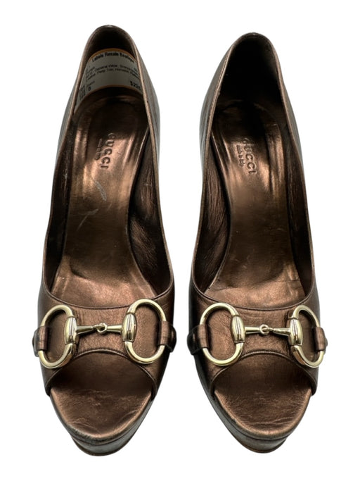 Gucci Shoe Size 8 Bronze brown Leather Peep Toe Horsebit Platform Pumps Bronze brown / 8