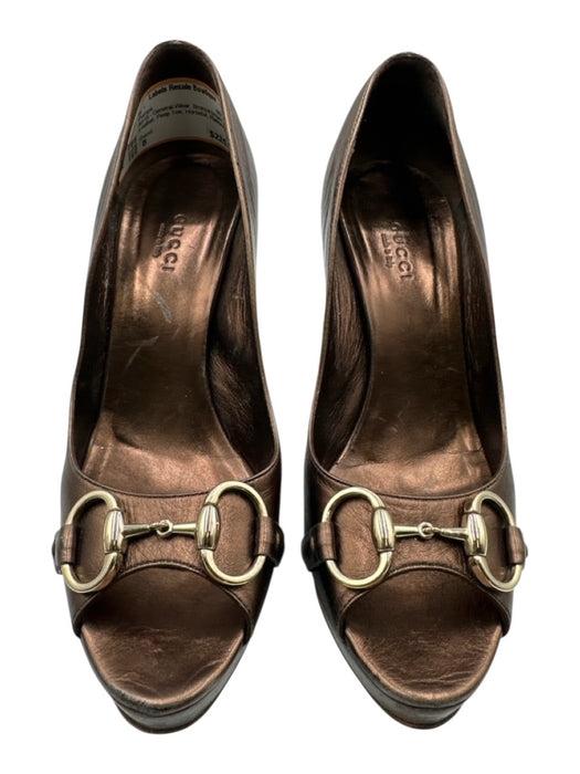 Gucci Shoe Size 8 Bronze brown Leather Peep Toe Horsebit Platform Pumps Bronze brown / 8
