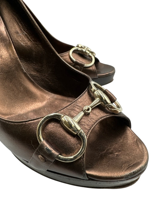Gucci Shoe Size 8 Bronze brown Leather Peep Toe Horsebit Platform Pumps Bronze brown / 8