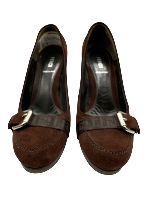 Fendi Shoe Size 38 Dark Brown Leather Suede Round Toe Zucca Monogram Pumps Dark Brown / 38