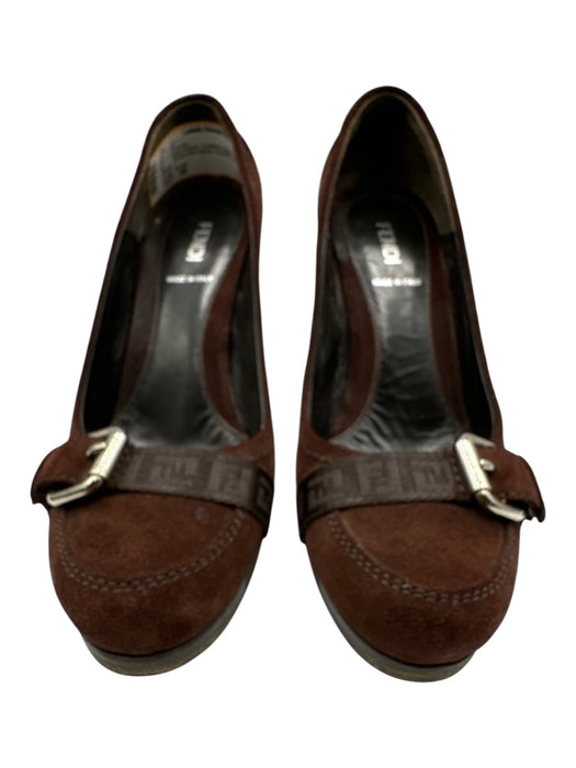 Fendi Shoe Size 38 Dark Brown Leather Suede Round Toe Zucca Monogram Pumps Dark Brown / 38