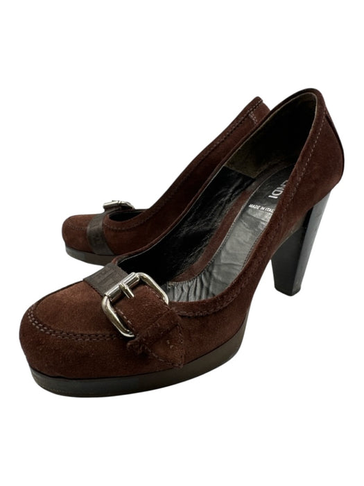 Fendi Shoe Size 38 Dark Brown Leather Suede Round Toe Zucca Monogram Pumps Dark Brown / 38
