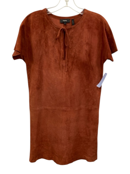 Theory Size 0 Rust Red Lamb leather Short Sleeve Tie Neck Split Neck Dress Rust Red / 0