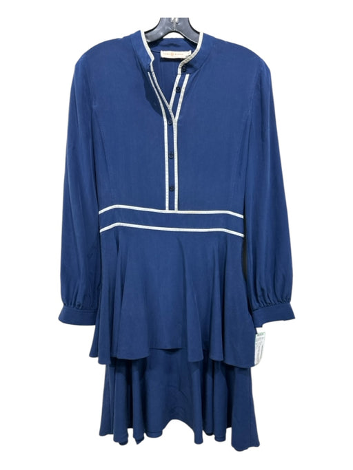 Tory Burch Size 4 Blue & White Silk Long Sleeve Piping Quarter Button Dress Blue & White / 4