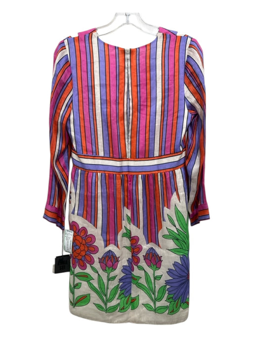 Anna Sui Size 6 Pink, Green, Purple Linen & Silk 3/4 Sleeve V Neck Dress Pink, Green, Purple / 6