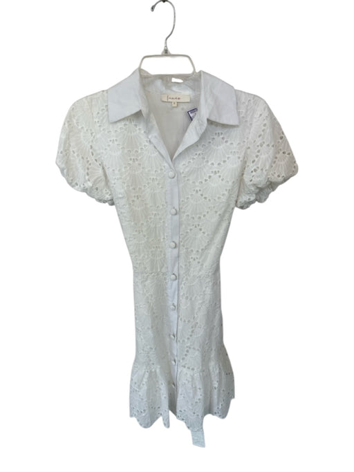 Fanco Size S White Cotton Eyelet Collar Puff Sleeve Ruffle Hem Dress White / S