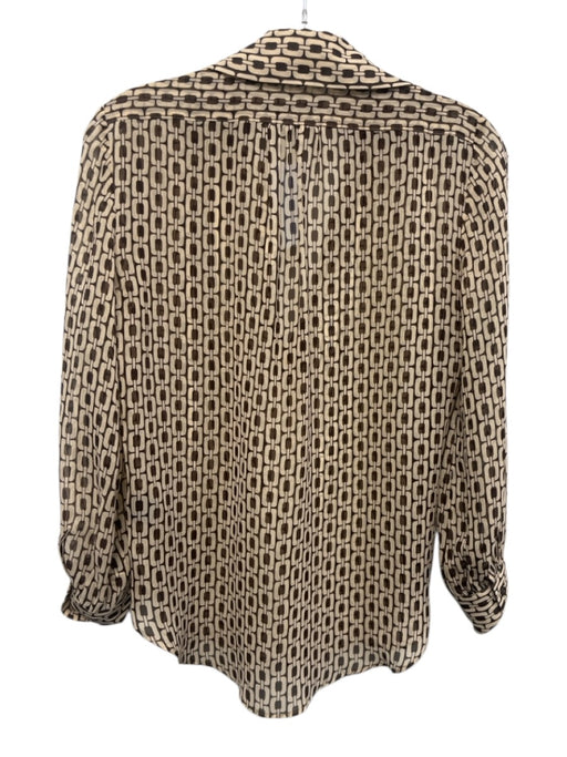 Nili Lotan Size XS Brown & Cream Silk Long Sleeve Chain Print Polo Sheer Top Brown & Cream / XS