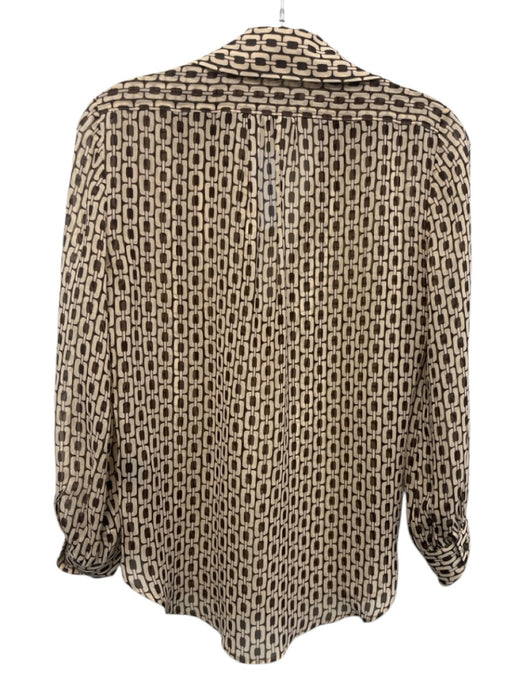 Nili Lotan Size XS Brown & Cream Silk Long Sleeve Chain Print Polo Sheer Top Brown & Cream / XS