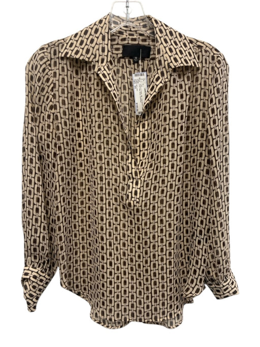 Nili Lotan Size XS Brown & Cream Silk Long Sleeve Chain Print Polo Sheer Top Brown & Cream / XS