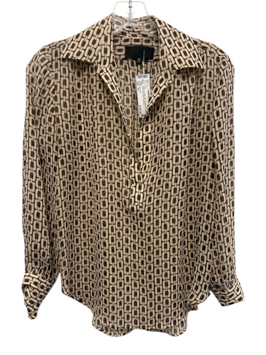 Nili Lotan Size XS Brown & Cream Silk Long Sleeve Chain Print Polo Sheer Top Brown & Cream / XS