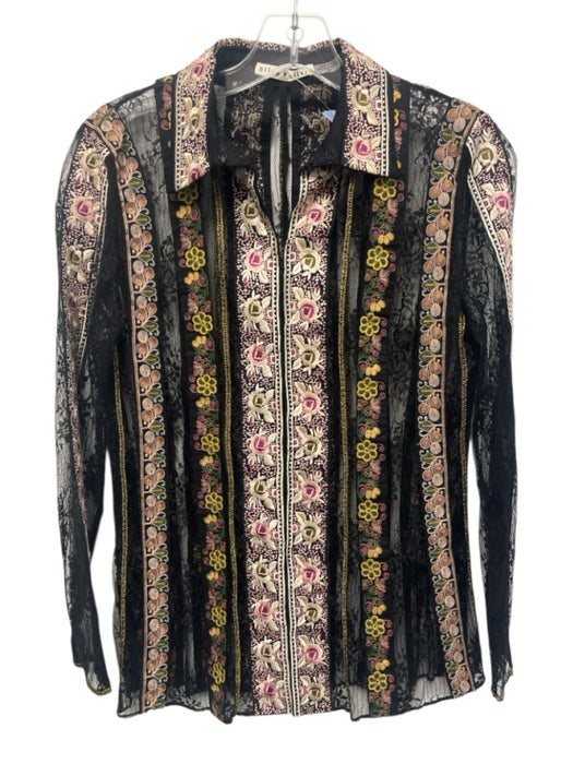 Alice + Olivia Size Small Black, Pink, Yellow Nylon Long Sleeve Mixed Floral Top Black, Pink, Yellow / Small