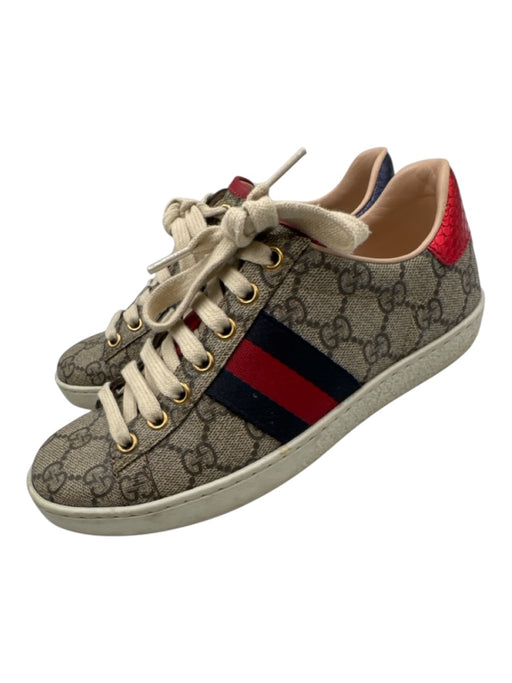 Gucci Shoe Size 34.5 Tan, Blue, Red Coated Canvas Metallic Guccissima Sneakers Tan, Blue, Red / 34.5