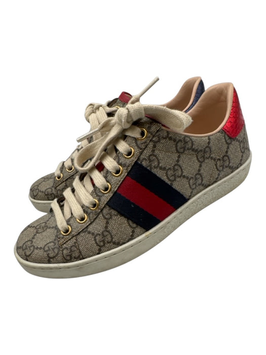 Gucci Shoe Size 34.5 Tan, Blue, Red Coated Canvas Metallic Guccissima Sneakers Tan, Blue, Red / 34.5