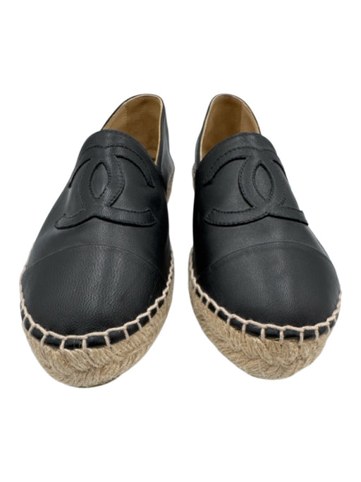 Chanel Shoe Size 36 Black & Beige Lambskin Jute Stitched Logo Espadrille Flats Black & Beige / 36