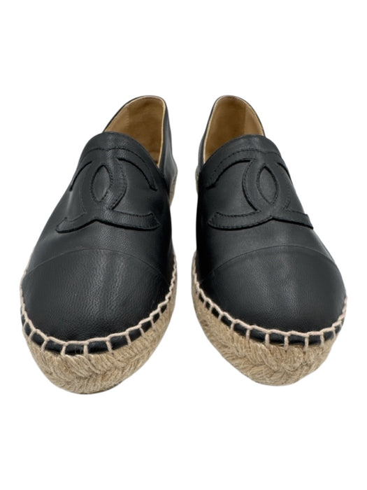 Chanel Shoe Size 36 Black & Beige Lambskin Jute Stitched Logo Espadrille Flats Black & Beige / 36