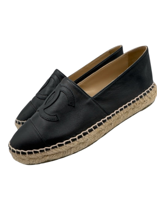 Chanel Shoe Size 36 Black & Beige Lambskin Jute Stitched Logo Espadrille Flats Black & Beige / 36