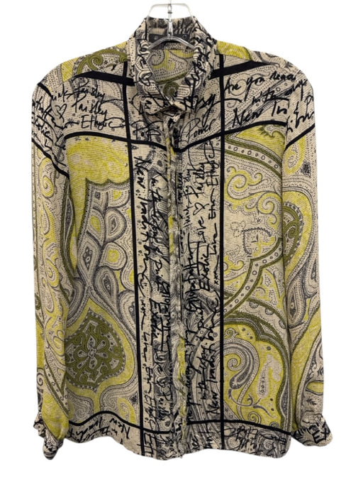 Etro Size 40 Yellow, Green, Black Silk Long Sleeve Paisley Button Front Top Yellow, Green, Black / 40
