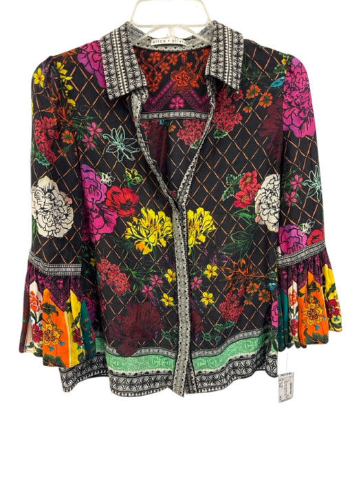 Alice + Olivia Size Small Black & Multi Cotton Blend Long Trumpet Sleeve Top Black & Multi / Small