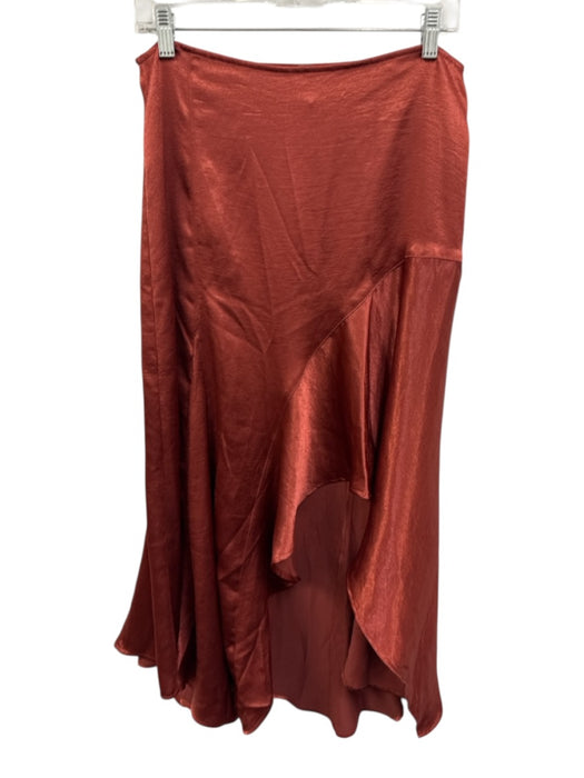 Free People Size 6 Rust Orange Polyester Satin Ruffle High Low Midi Skirt Rust Orange / 6
