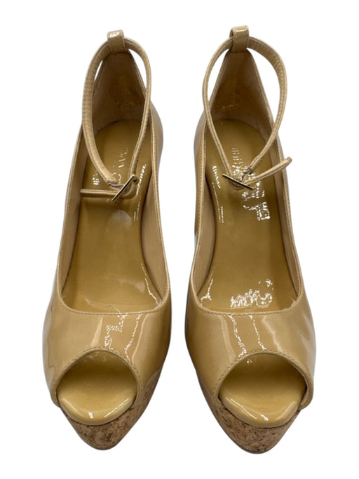 Jimmy Choo Shoe Size 36.5 Beige Patent Leather Cork Wedge Ankle Strap Wedges Beige / 36.5