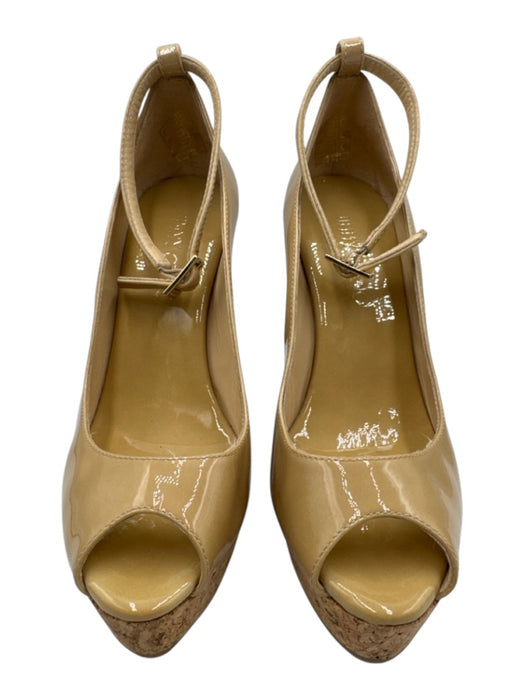 Jimmy Choo Shoe Size 36.5 Beige Patent Leather Cork Wedge Ankle Strap Wedges Beige / 36.5