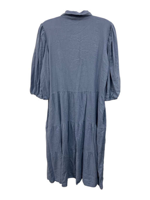Magari Size L Blue Linen Blend Half Balloon Sleeve Button Up Collar Midi Dress Blue / L