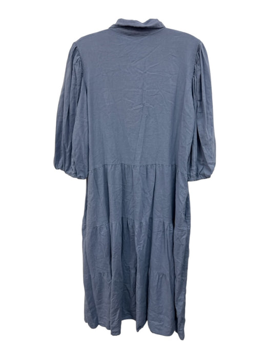 Magari Size L Blue Linen Blend Half Balloon Sleeve Button Up Collar Midi Dress Blue / L