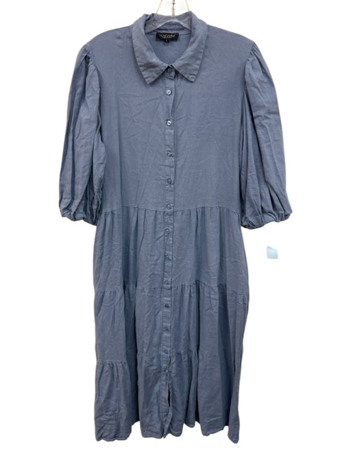 Magari Size L Blue Linen Blend Half Balloon Sleeve Button Up Collar Midi Dress Blue / L