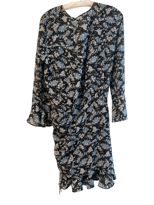 Veronica Beard Size 12 Black, Blue & Gray Silk Floral V Neck Long Sleeve Dress Black, Blue & Gray / 12