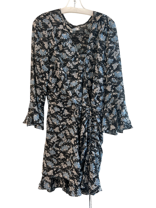 Veronica Beard Size 12 Black, Blue & Gray Silk Floral V Neck Long Sleeve Dress Black, Blue & Gray / 12