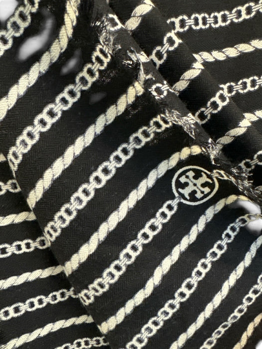 Tory Burch Black & White No Fabric Tag Chain Print Rope print Frayed Edges scarf Black & White
