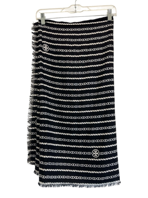 Tory Burch Black & White No Fabric Tag Chain Print Rope print Frayed Edges scarf Black & White
