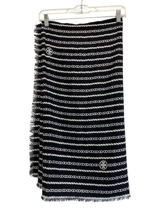 Tory Burch Black & White No Fabric Tag Chain Print Rope print Frayed Edges scarf Black & White