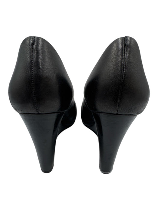 Tory Burch Shoe Size 6.5 Black Leather Upper Logo Plate Peep Toe Wedge Pumps Black / 6.5