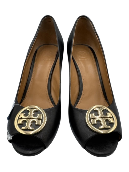 Tory Burch Shoe Size 6.5 Black Leather Upper Logo Plate Peep Toe Wedge Pumps Black / 6.5