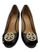 Tory Burch Shoe Size 6.5 Black Leather Upper Logo Plate Peep Toe Wedge Pumps Black / 6.5