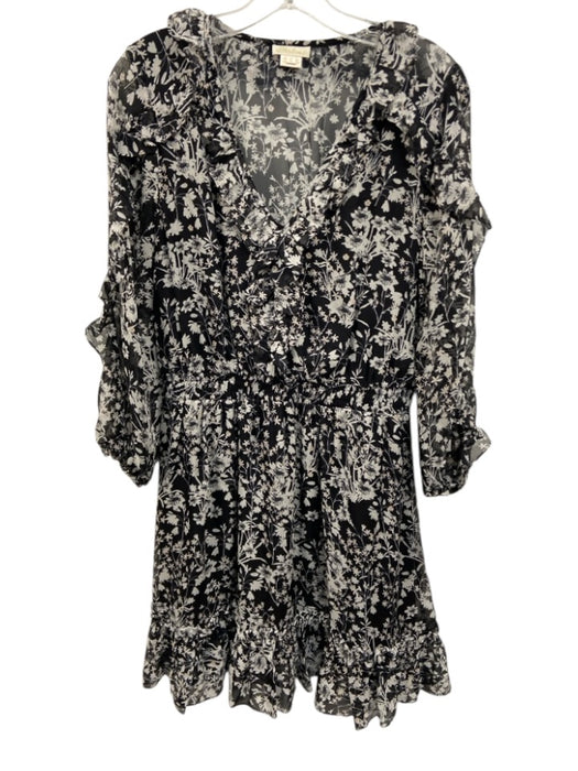 Shoshanna Size 6 Black, White & Pink Silk Chiffon Floral V Neck Dress Black, White & Pink / 6