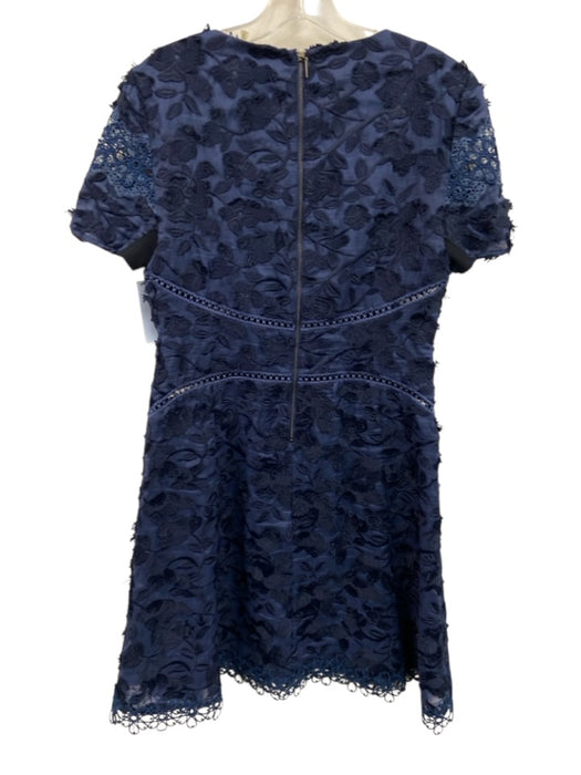 Elie Tahari Size 6 Navy Blue Ramie Cap Sleeve Floral Embroidery Flocked Dress Navy Blue / 6
