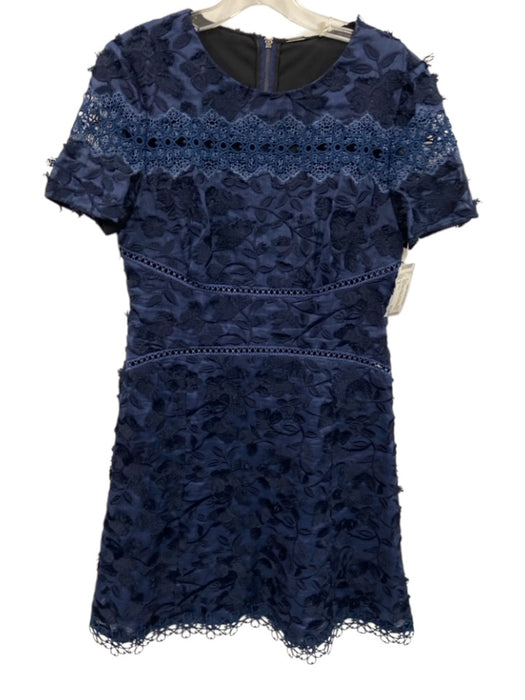 Elie Tahari Size 6 Navy Blue Ramie Cap Sleeve Floral Embroidery Flocked Dress Navy Blue / 6