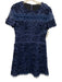 Elie Tahari Size 6 Navy Blue Ramie Cap Sleeve Floral Embroidery Flocked Dress Navy Blue / 6