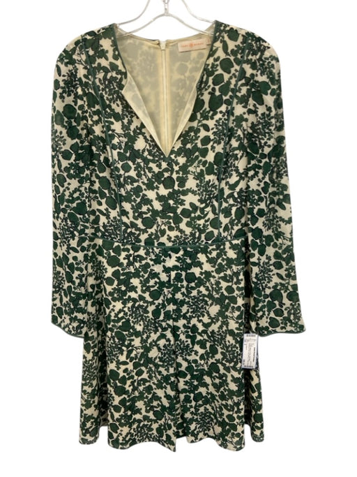Tory Burch Size 4 Cream White & Green Silk Blend Botanical Print V Neck Dress Cream White & Green / 4