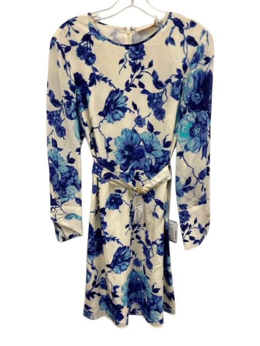 Tory Burch Size S Cream White & Blue Silk Floral Long Sleeve Belted Dress Cream White & Blue / S