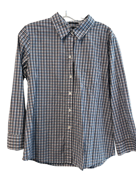 Theory Size Large Blue & Multi Cotton Plaid Long Sleeve Button Down Collared Top Blue & Multi / Large