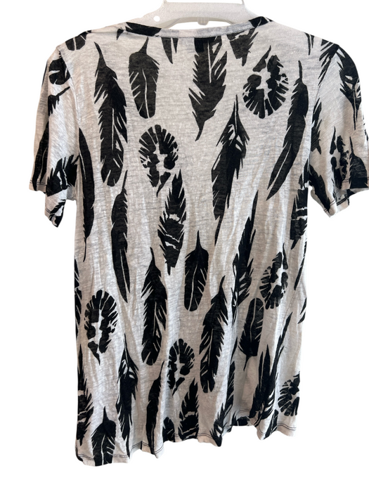 Vince Size Small White & Black Linen Leaf Print Round Neck Short Sleeve Top White & Black / Small